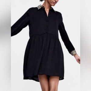 Zara Black Long Sleeve Dress with Snakeskin Collar